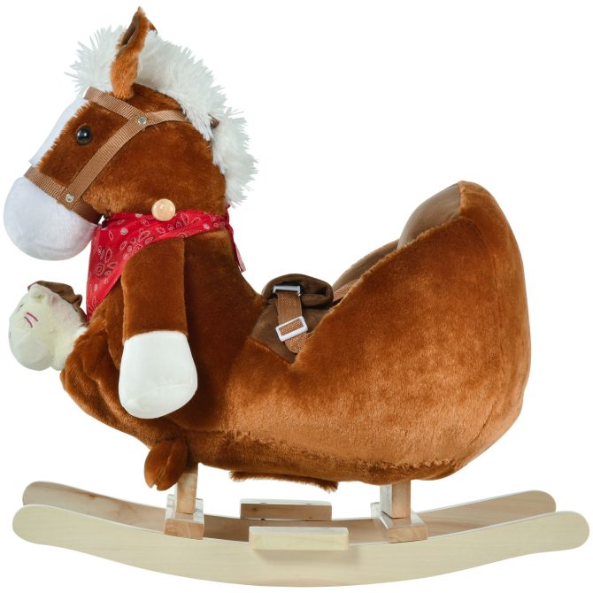 Qaba Kids Ride-On Rocking Horse Toy, Rocker with Lullaby Song, Hand Puppets & Soft Plush Fabric for Children 18-36 Months, Brown - Image 5