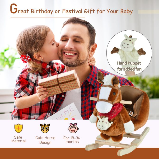 Qaba Kids Ride-On Rocking Horse Toy, Rocker with Lullaby Song, Hand Puppets & Soft Plush Fabric for Children 18-36 Months, Brown - Image 6