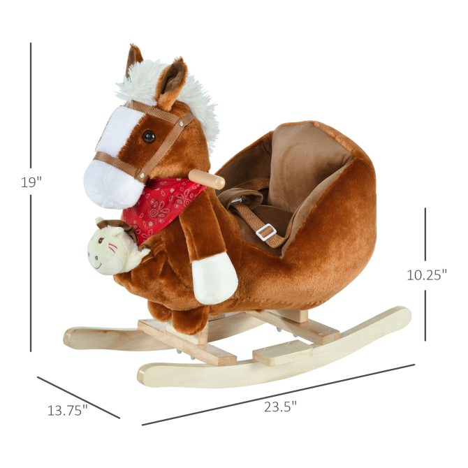 Qaba Kids Ride-On Rocking Horse Toy, Rocker with Lullaby Song, Hand Puppets & Soft Plush Fabric for Children 18-36 Months, Brown - Image 7
