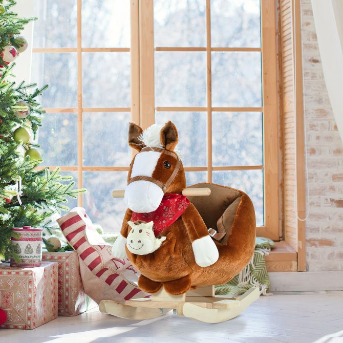 Qaba Kids Ride-On Rocking Horse Toy, Rocker with Lullaby Song, Hand Puppets & Soft Plush Fabric for Children 18-36 Months, Brown - Image 8