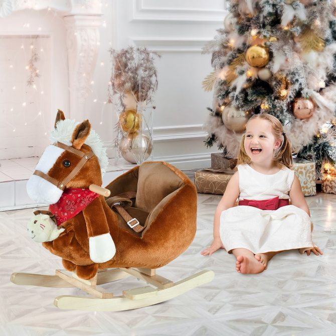 Qaba Kids Ride-On Rocking Horse Toy, Rocker with Lullaby Song, Hand Puppets & Soft Plush Fabric for Children 18-36 Months, Brown - Image 9