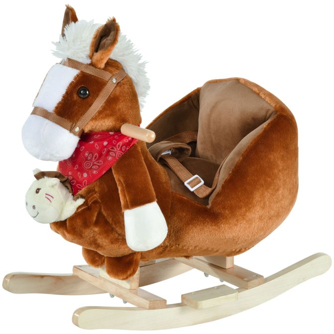 Qaba Kids Ride-On Rocking Horse Toy, Rocker with Lullaby Song, Hand Puppets & Soft Plush Fabric for Children 18-36 Months, Brown - Image 10