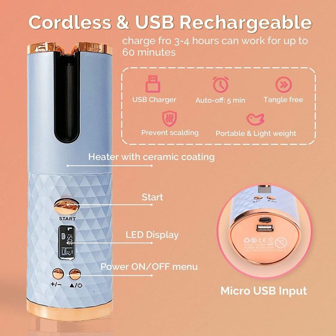 Cordless Auto Rotating Hair Curler Hair Waver Curling Iron Styling Tool Purple - Image 5