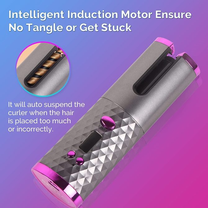 Cordless Auto Rotating Hair Curler Hair Waver Curling Iron Styling Tool Purple - Image 12