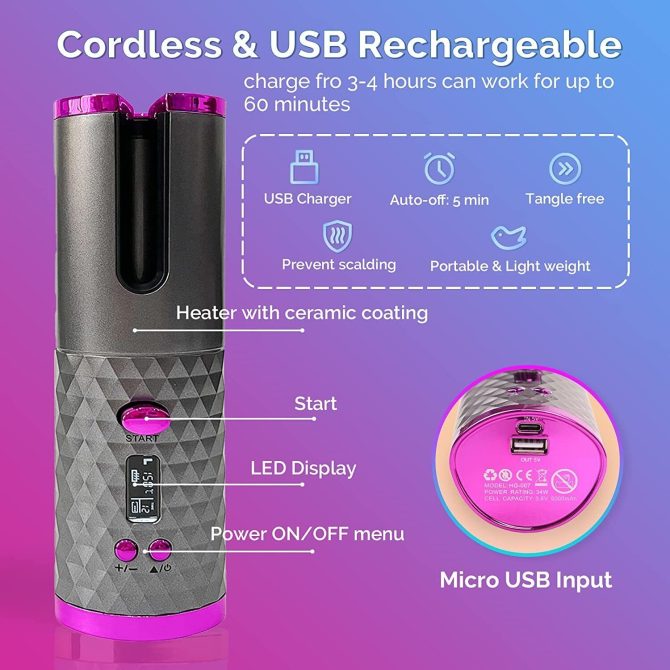 Cordless Auto Rotating Hair Curler Hair Waver Curling Iron Styling Tool Purple - Image 14