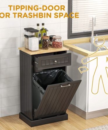 Kitchen Tilt Out Trash Bin Cabinet Free Standing Recycling Cabinet Trash Can Holder With Drawer, Black-AS