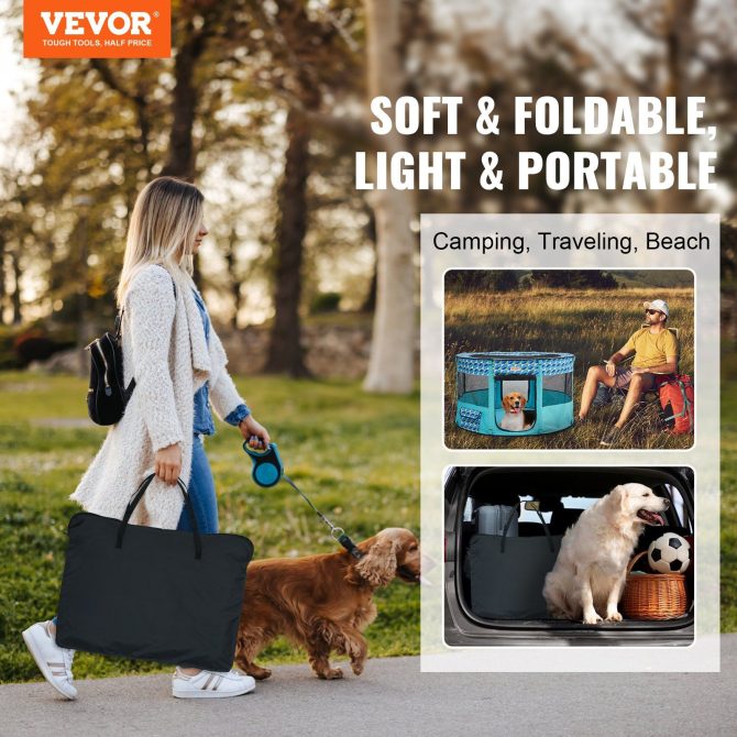 VEVOR Foldable Pet Playpen, 44'' x 44'' x 24'' Portable Dog Playpen, Crate Kennel for Puppy, Dog, Cat, Waterproof 600D Oxford Cloth, Removable Zipper, for Indoor Outdoor Travel Camping (Round, L) - Image 2