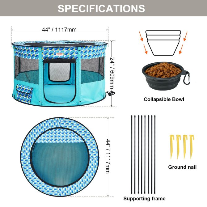 VEVOR Foldable Pet Playpen, 44'' x 44'' x 24'' Portable Dog Playpen, Crate Kennel for Puppy, Dog, Cat, Waterproof 600D Oxford Cloth, Removable Zipper, for Indoor Outdoor Travel Camping (Round, L) - Image 7