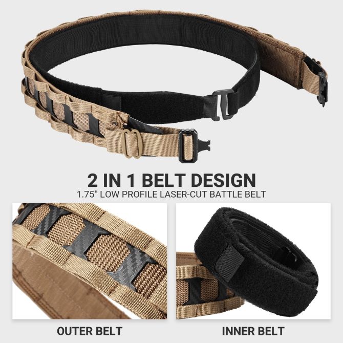 VOTAGOO Tactical Belt, 1.75'' MOLLE Battle Belt with Quick Release Buckle, Low Profile Laser-Cut Battle Belt for Range - Image 9