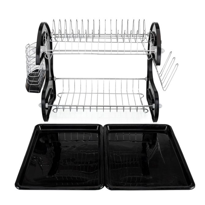 Multifunctional Dual Layers Bowls & Dishes & Chopsticks & Spoons Collection Shelf Dish Drainer Black - Image 4