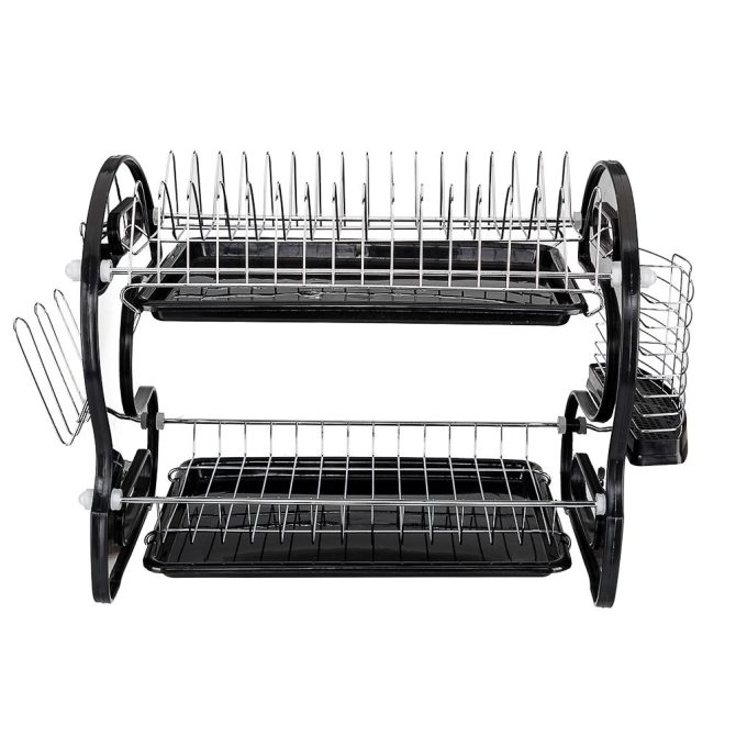 Multifunctional Dual Layers Bowls & Dishes & Chopsticks & Spoons Collection Shelf Dish Drainer Black - Image 2