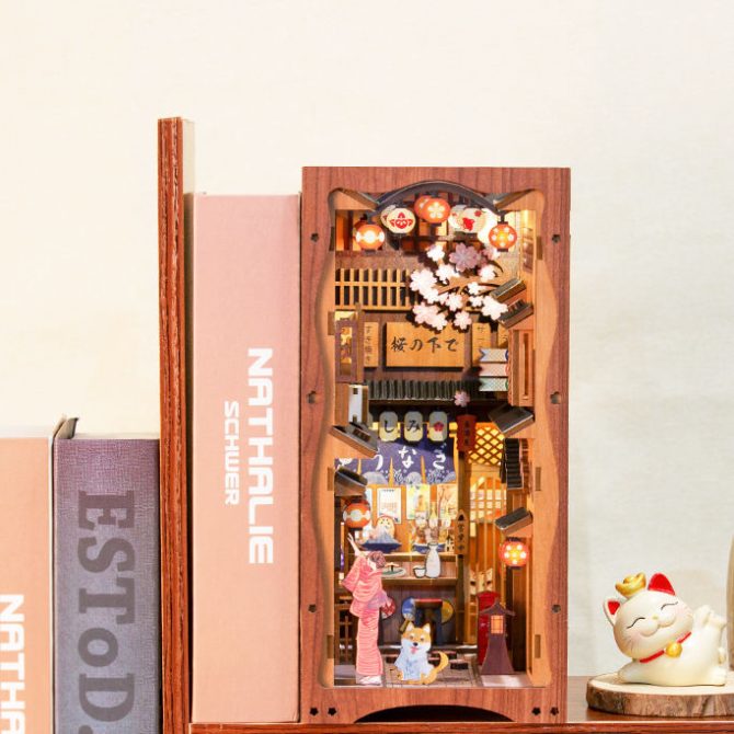 CuteBee Handmade Craft Japanese Theme Sakura Theme Diy Book Nook with Light Night Light Model Dollhouse - Image 2