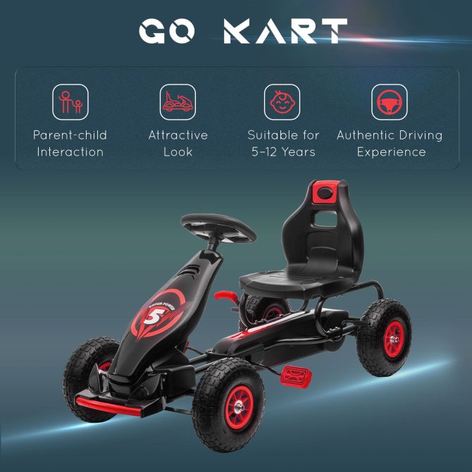 Aosom Kids Pedal Go Kart Ride-on Toy with Ergonomic Comfort, Pedal Car with Tough, Wear-Resistant Tread, Go Cart Kids Car for Boys & Girls with Suspension System, Safety Hand Brake, Ages 5-12, Red - Image 2