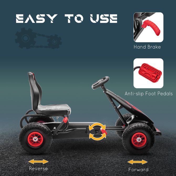 Aosom Kids Pedal Go Kart Ride-on Toy with Ergonomic Comfort, Pedal Car with Tough, Wear-Resistant Tread, Go Cart Kids Car for Boys & Girls with Suspension System, Safety Hand Brake, Ages 5-12, Red - Image 5