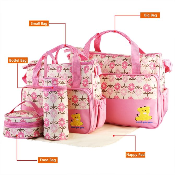 5PCS Baby Nappy Diaper Bags Set Mummy Diaper Shoulder Bags w/ Nappy Changing Pad Insulated Pockets Travel Tote Bags - Image 17