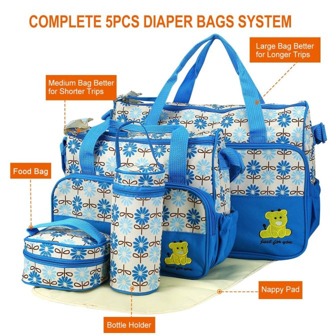 5PCS Baby Nappy Diaper Bags Set Mummy Diaper Shoulder Bags w/ Nappy Changing Pad Insulated Pockets Travel Tote Bags - Image 33
