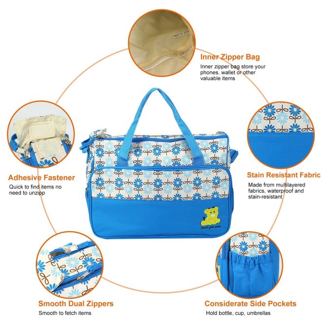5PCS Baby Nappy Diaper Bags Set Mummy Diaper Shoulder Bags w/ Nappy Changing Pad Insulated Pockets Travel Tote Bags - Image 34