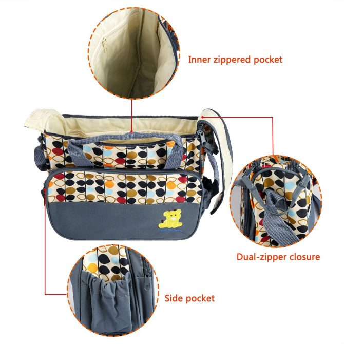 5PCS Baby Nappy Diaper Bags Set Mummy Diaper Shoulder Bags w/ Nappy Changing Pad Insulated Pockets Travel Tote Bags - Image 25