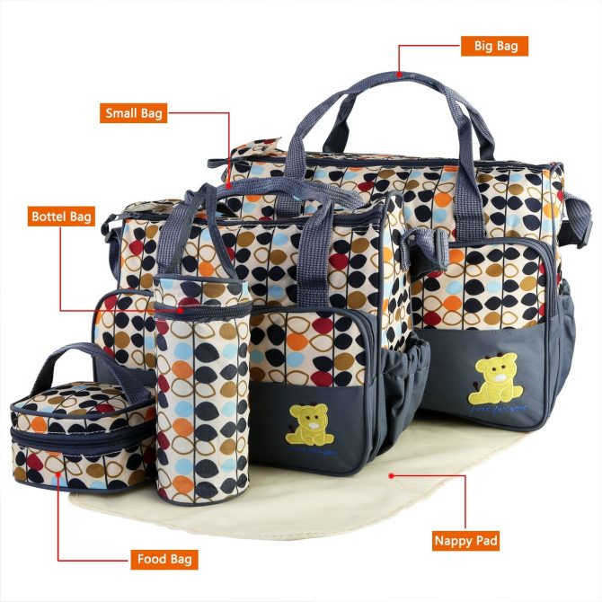 5PCS Baby Nappy Diaper Bags Set Mummy Diaper Shoulder Bags w/ Nappy Changing Pad Insulated Pockets Travel Tote Bags - Image 27