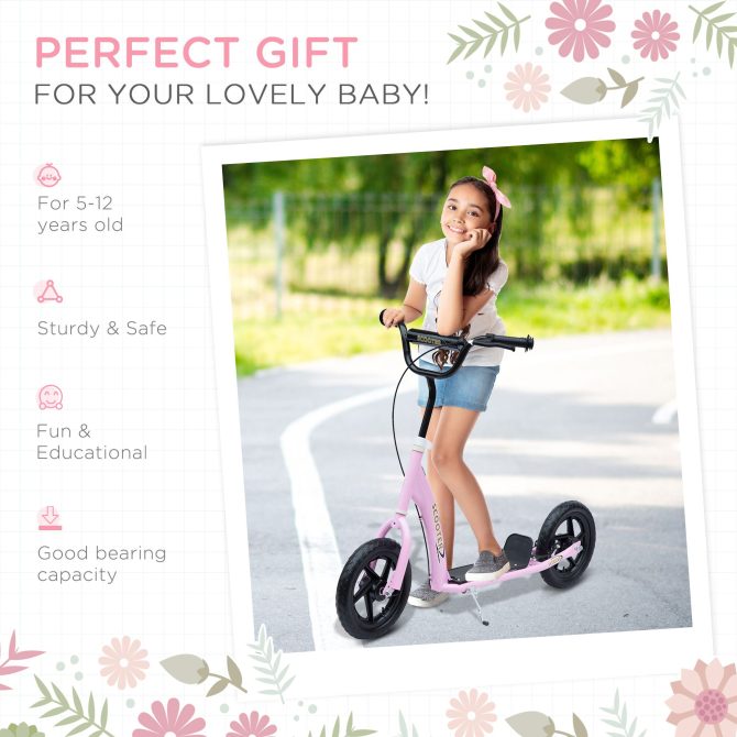 HOMCOM Kick Scooter for Kids 5-12 Years Old, Big Wheel Kids Scooter with Adjustable Height Handlebar, Non-slip Footplate, Rear Brake, Pink - Image 6