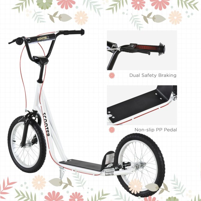 Aosom Youth Scooter Kick Scooter for Kids 5+ with Adjustable Handlebar 16" Front and Rear Dual Brakes Inflatable Wheels, White - Image 3