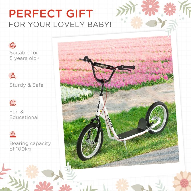Aosom Youth Scooter Kick Scooter for Kids 5+ with Adjustable Handlebar 16" Front and Rear Dual Brakes Inflatable Wheels, White - Image 5