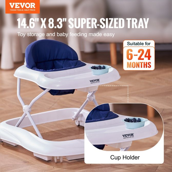 VEVOR Baby Walker, Foldable Baby Walkers with 3-Level Adjustable Height, Rolling Toddler Walker and Activity Center with Wheels & Feeding Tray, Anti-Rollover Activity Helper for Boy Girl 6-12 Months - Image 2