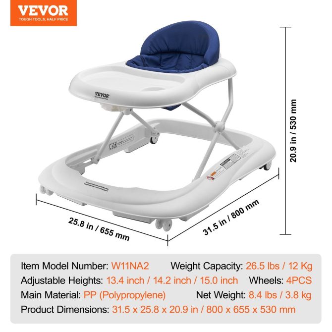 VEVOR Baby Walker, Foldable Baby Walkers with 3-Level Adjustable Height, Rolling Toddler Walker and Activity Center with Wheels & Feeding Tray, Anti-Rollover Activity Helper for Boy Girl 6-12 Months - Image 7