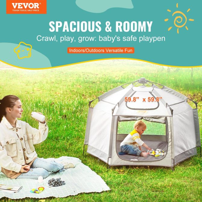 VEVOR Baby Playpen with Canopy, Indoor/Outdoor Portable Playpen for Babies and Toddler, Lightweight & Foldable, Pop Up Toddler Play Yard with 3 Sun-Shades & Travel Bag for Park Beach Home, 59.8"x59.8" - Image 2