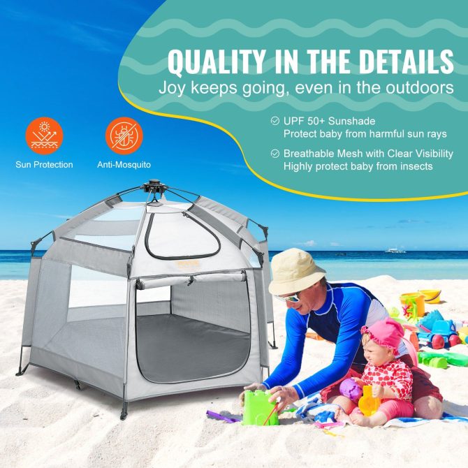 VEVOR Baby Playpen with Canopy, Indoor/Outdoor Portable Playpen for Babies and Toddler, Lightweight & Foldable, Pop Up Toddler Play Yard with 3 Sun-Shades & Travel Bag for Park Beach Home, 59.8"x59.8" - Image 6