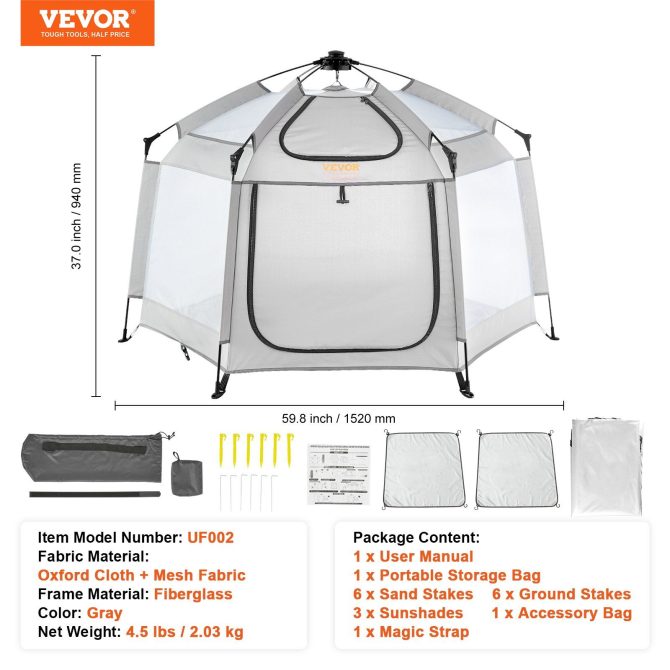 VEVOR Baby Playpen with Canopy, Indoor/Outdoor Portable Playpen for Babies and Toddler, Lightweight & Foldable, Pop Up Toddler Play Yard with 3 Sun-Shades & Travel Bag for Park Beach Home, 59.8"x59.8" - Image 7