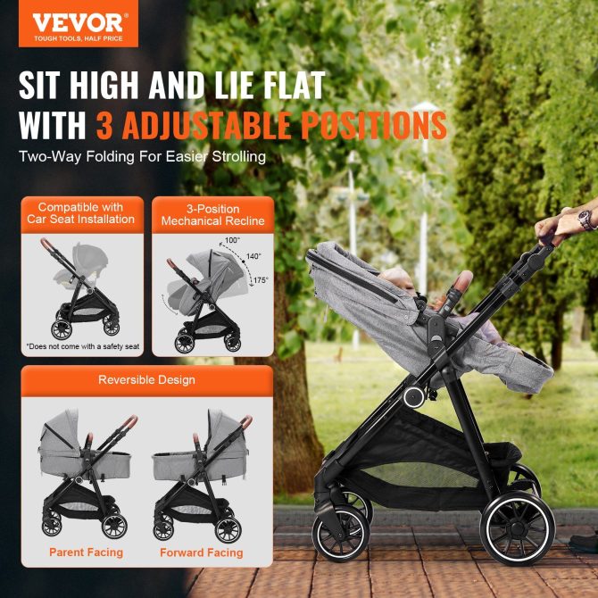 VEVOR Standard Baby Stroller, Infant Toddler Stroller with Bassinet, 3rd-Gear Adjustable Backrest & Foldable & Reversible Seat, Carbon Steel Newborn Stroller with Leg Cover and Mesh Net, Dark Grey - Image 2
