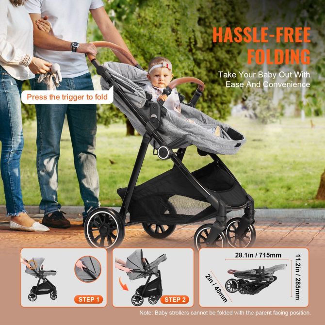 VEVOR Standard Baby Stroller, Infant Toddler Stroller with Bassinet, 3rd-Gear Adjustable Backrest & Foldable & Reversible Seat, Carbon Steel Newborn Stroller with Leg Cover and Mesh Net, Dark Grey - Image 3