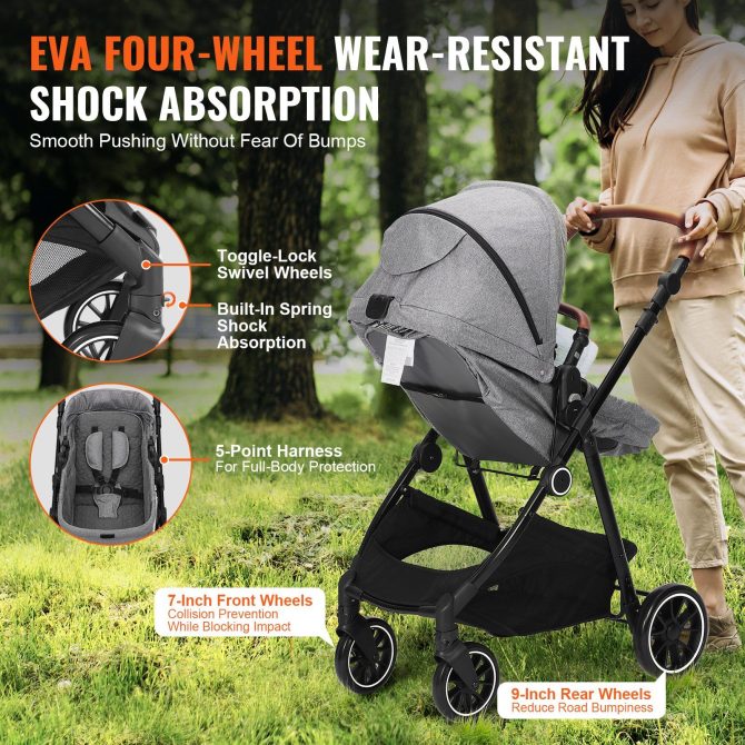 VEVOR Standard Baby Stroller, Infant Toddler Stroller with Bassinet, 3rd-Gear Adjustable Backrest & Foldable & Reversible Seat, Carbon Steel Newborn Stroller with Leg Cover and Mesh Net, Dark Grey - Image 4