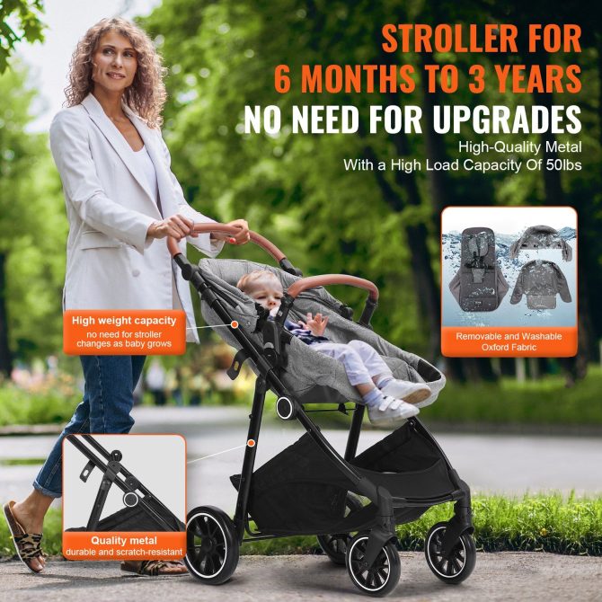 VEVOR Standard Baby Stroller, Infant Toddler Stroller with Bassinet, 3rd-Gear Adjustable Backrest & Foldable & Reversible Seat, Carbon Steel Newborn Stroller with Leg Cover and Mesh Net, Dark Grey - Image 5