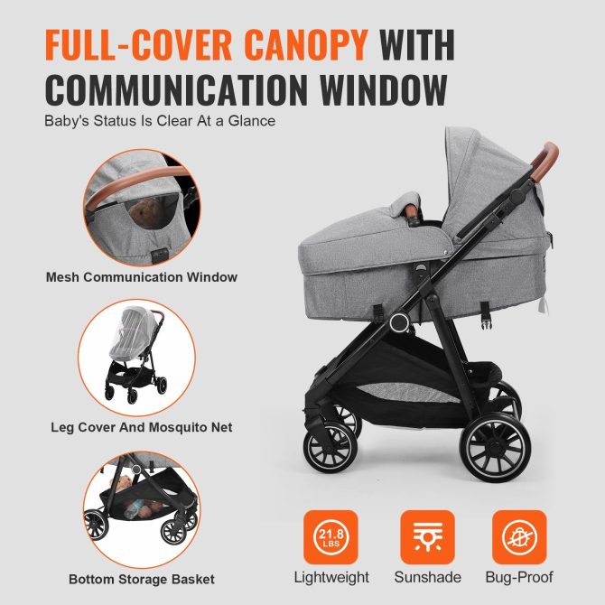 VEVOR Standard Baby Stroller, Infant Toddler Stroller with Bassinet, 3rd-Gear Adjustable Backrest & Foldable & Reversible Seat, Carbon Steel Newborn Stroller with Leg Cover and Mesh Net, Dark Grey - Image 6