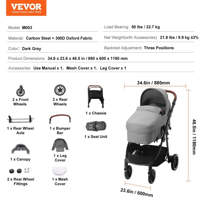 VEVOR Standard Baby Stroller, Infant Toddler Stroller with Bassinet, 3rd-Gear Adjustable Backrest & Foldable & Reversible Seat, Carbon Steel Newborn Stroller with Leg Cover and Mesh Net, Dark Grey - Image 7