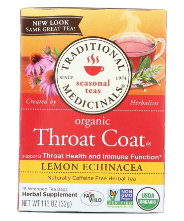 Traditional Medicinals Organic Lemon Echinacea Throat Coat Herbal Tea - 16 Tea Bags - Case Of 6