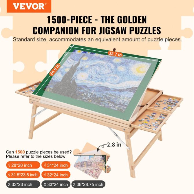 VEVOR 1500 Piece Puzzle Table with Folding Legs, 4 Drawers and Cover, 32.7"x24.6" Wooden Jigsaw Puzzle Plateau, Adjustable 3-Tilting-Angle Puzzle Board, Puzzle Storage System for Adults, Gift for Mom - Image 2