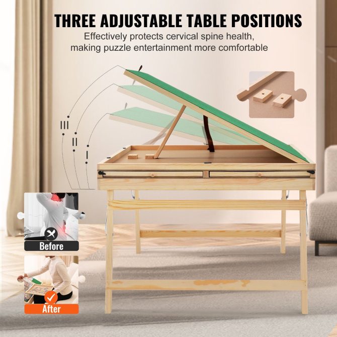 VEVOR 1500 Piece Puzzle Table with Folding Legs, 4 Drawers and Cover, 32.7"x24.6" Wooden Jigsaw Puzzle Plateau, Adjustable 3-Tilting-Angle Puzzle Board, Puzzle Storage System for Adults, Gift for Mom - Image 3