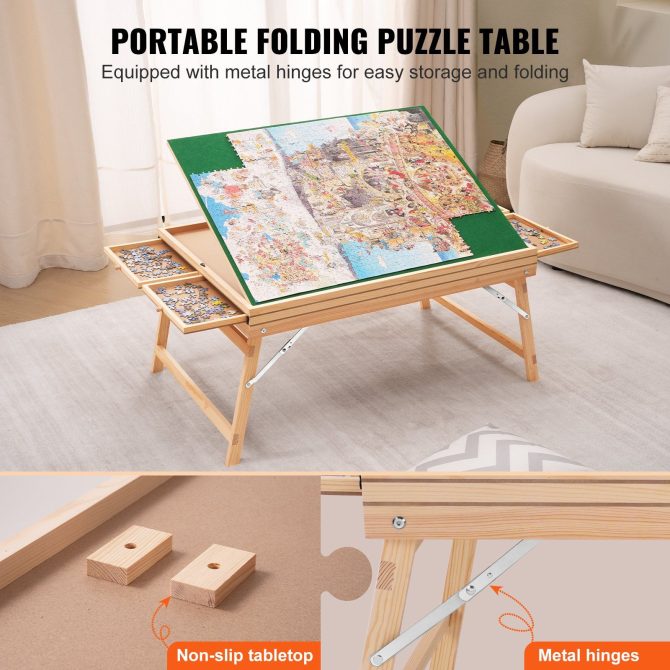 VEVOR 1500 Piece Puzzle Table with Folding Legs, 4 Drawers and Cover, 32.7"x24.6" Wooden Jigsaw Puzzle Plateau, Adjustable 3-Tilting-Angle Puzzle Board, Puzzle Storage System for Adults, Gift for Mom - Image 4