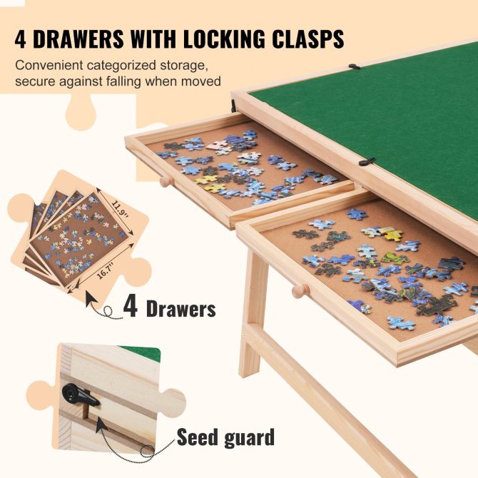 VEVOR 1500 Piece Puzzle Table with Folding Legs, 4 Drawers and Cover, 32.7"x24.6" Wooden Jigsaw Puzzle Plateau, Adjustable 3-Tilting-Angle Puzzle Board, Puzzle Storage System for Adults, Gift for Mom - Image 5