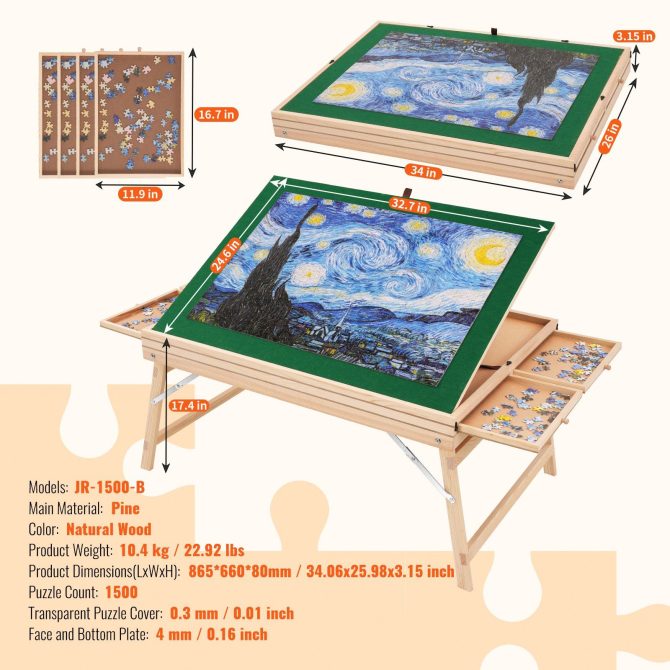 VEVOR 1500 Piece Puzzle Table with Folding Legs, 4 Drawers and Cover, 32.7"x24.6" Wooden Jigsaw Puzzle Plateau, Adjustable 3-Tilting-Angle Puzzle Board, Puzzle Storage System for Adults, Gift for Mom - Image 7