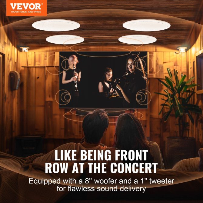 VEVOR 4 PCs 8 Inch in Ceiling Speakers, 100-Watts, Flush Mount Ceiling & in-Wall Speakers System with 8ΩImpedance 89dB Sensitivity, for Home Kitchen Living Room Bedroom or Covered Outdoor Porches - Image 2