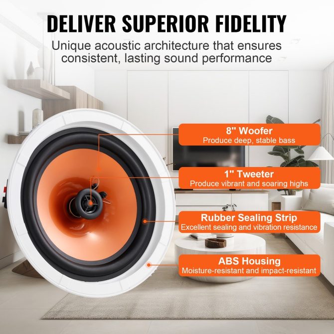 VEVOR 4 PCs 8 Inch in Ceiling Speakers, 100-Watts, Flush Mount Ceiling & in-Wall Speakers System with 8ΩImpedance 89dB Sensitivity, for Home Kitchen Living Room Bedroom or Covered Outdoor Porches - Image 3
