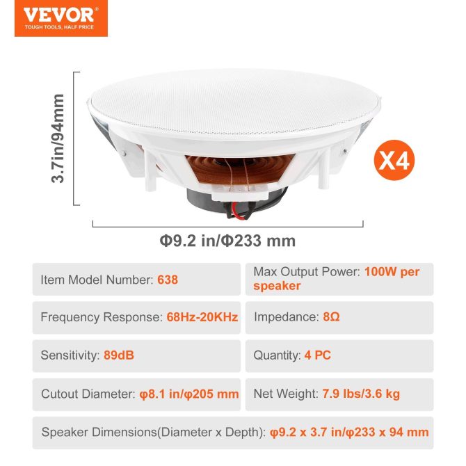 VEVOR 4 PCs 8 Inch in Ceiling Speakers, 100-Watts, Flush Mount Ceiling & in-Wall Speakers System with 8ΩImpedance 89dB Sensitivity, for Home Kitchen Living Room Bedroom or Covered Outdoor Porches - Image 7