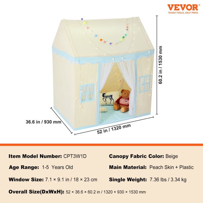 VEVOR Kids Play Tent, Kids Tent for Kids 1-5 Years Old, Toddler Tent with Mat and Tent Lamp, Tent for Kids with Windows for Indoor and Outdoor, Play House Castle Tent for Boys and Girls, Beige - Image 7