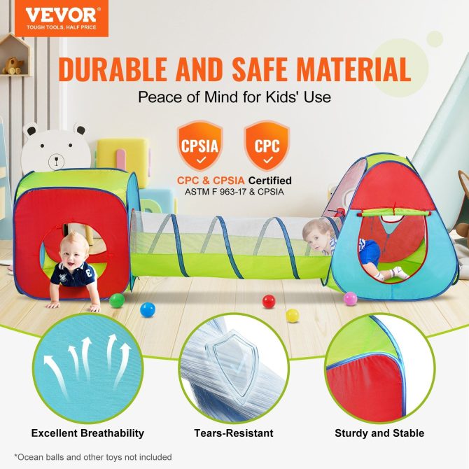 VEVOR 3 in 1 Kids Play Tent with Tunnel for Boys, Girls, Babies and Toddlers, Indoor/Outdoor Pop Up Playhouse with Carrying Bag & Banding Straps as Birthday Gifts, Red/Yellow/Blue Multicolor - Image 2