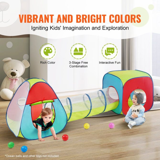 VEVOR 3 in 1 Kids Play Tent with Tunnel for Boys, Girls, Babies and Toddlers, Indoor/Outdoor Pop Up Playhouse with Carrying Bag & Banding Straps as Birthday Gifts, Red/Yellow/Blue Multicolor - Image 4