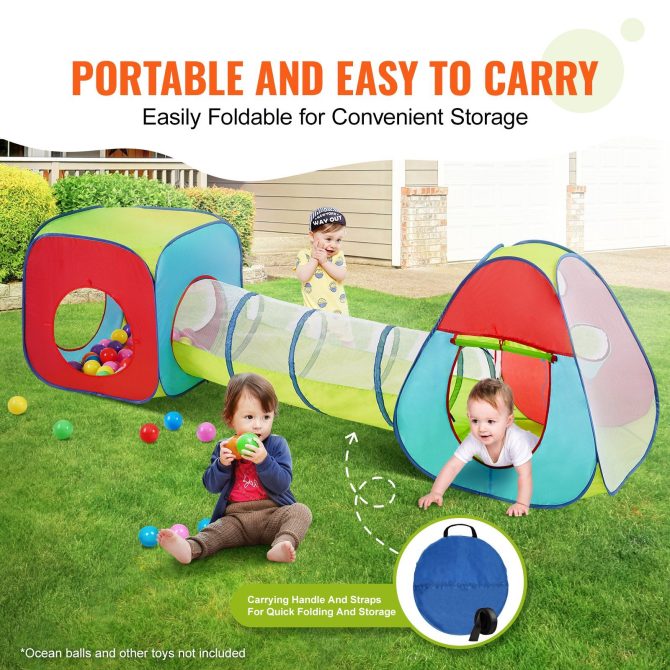 VEVOR 3 in 1 Kids Play Tent with Tunnel for Boys, Girls, Babies and Toddlers, Indoor/Outdoor Pop Up Playhouse with Carrying Bag & Banding Straps as Birthday Gifts, Red/Yellow/Blue Multicolor - Image 5